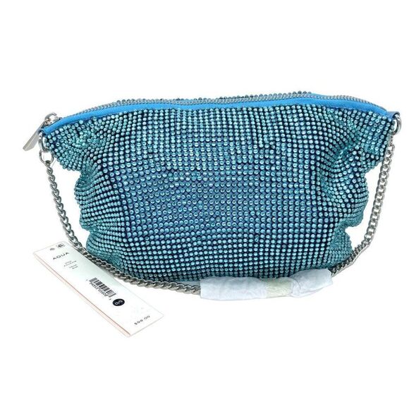 Aqua Crystal Glass Mesh Beaded Shoulder Bag Clutch Purse in Blue New